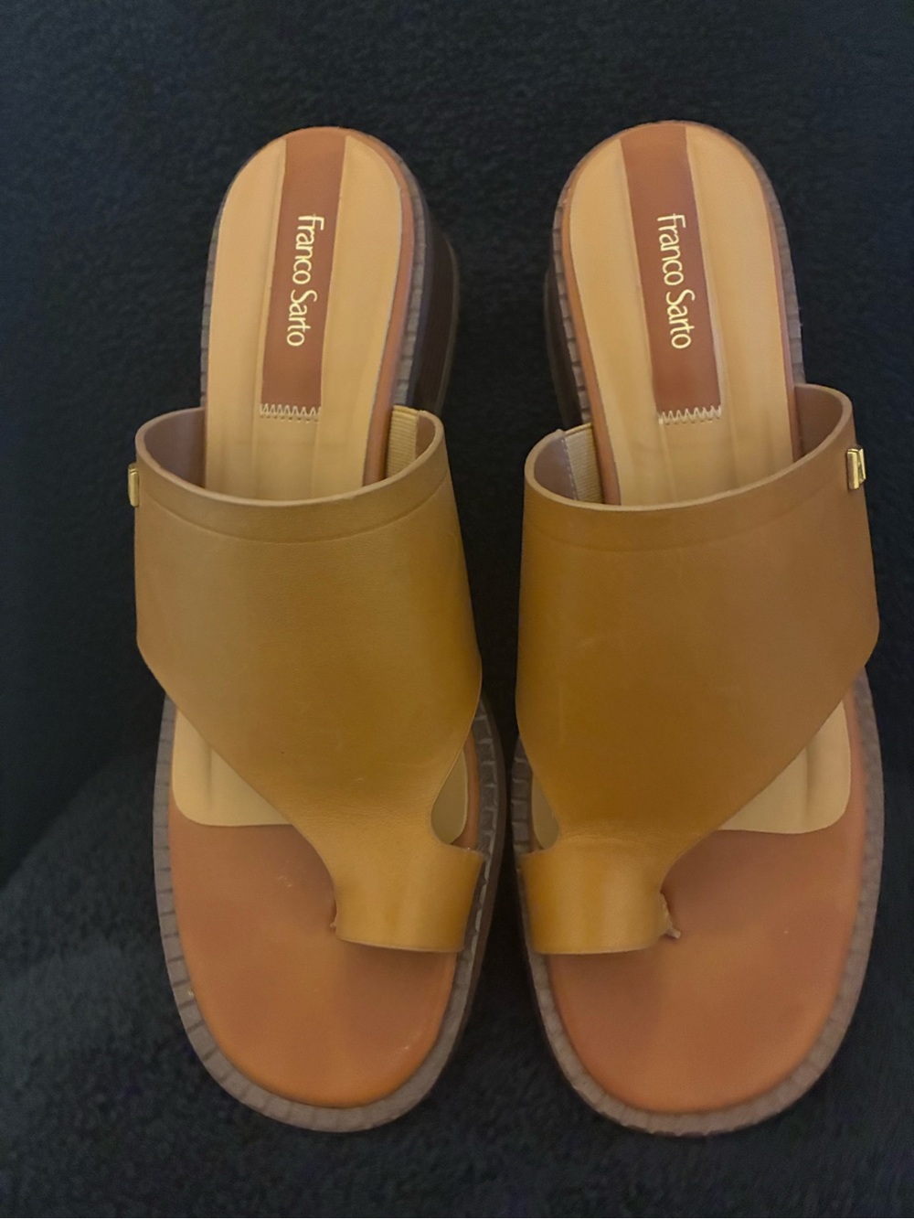 Franco Sarto Cognac Leather Toe-Loop Slide Sandals